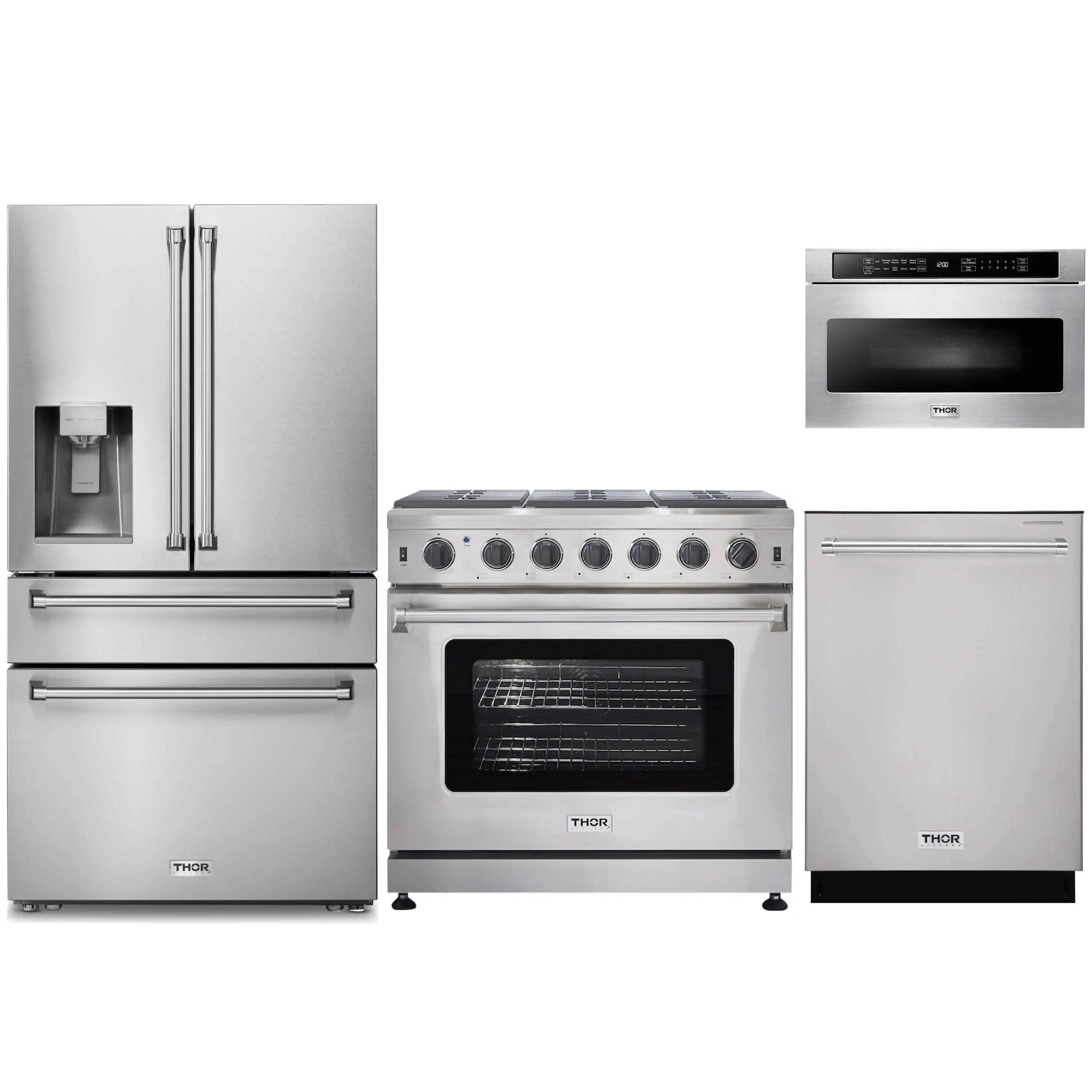 Stainless steel kitchen appliance set with refrigerator, gas range, dishwasher, microwave drawer