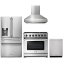Thor Kitchen 4-Piece Appliance Package - 36-Inch Propane Gas Range, Refrigerator with Water Dispenser, Pro-Style Wall Mount Hood, & Dishwasher in Stainless Steel