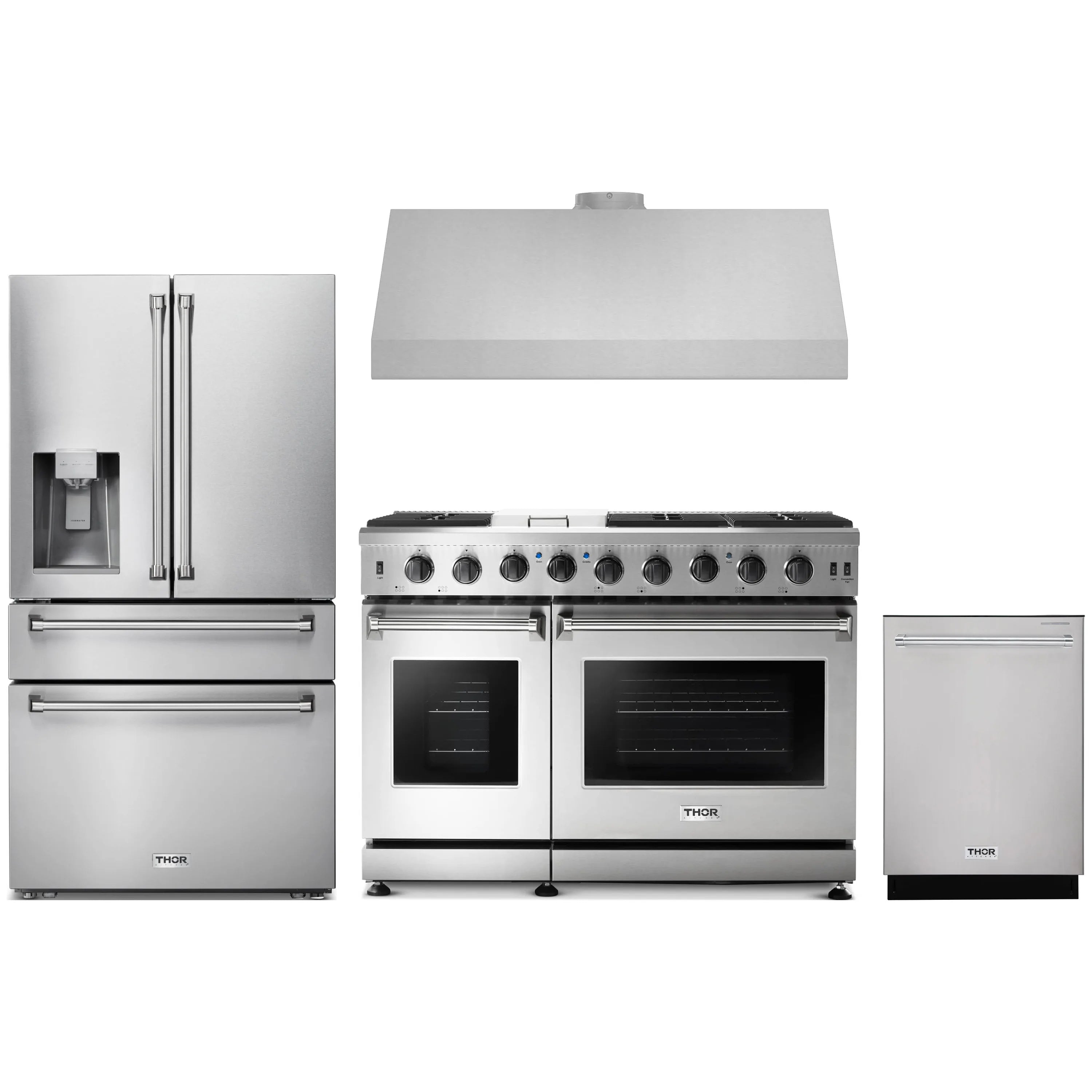 Stainless steel appliance package: refrigerator w/ water dispenser, gas range, hood, dishwasher