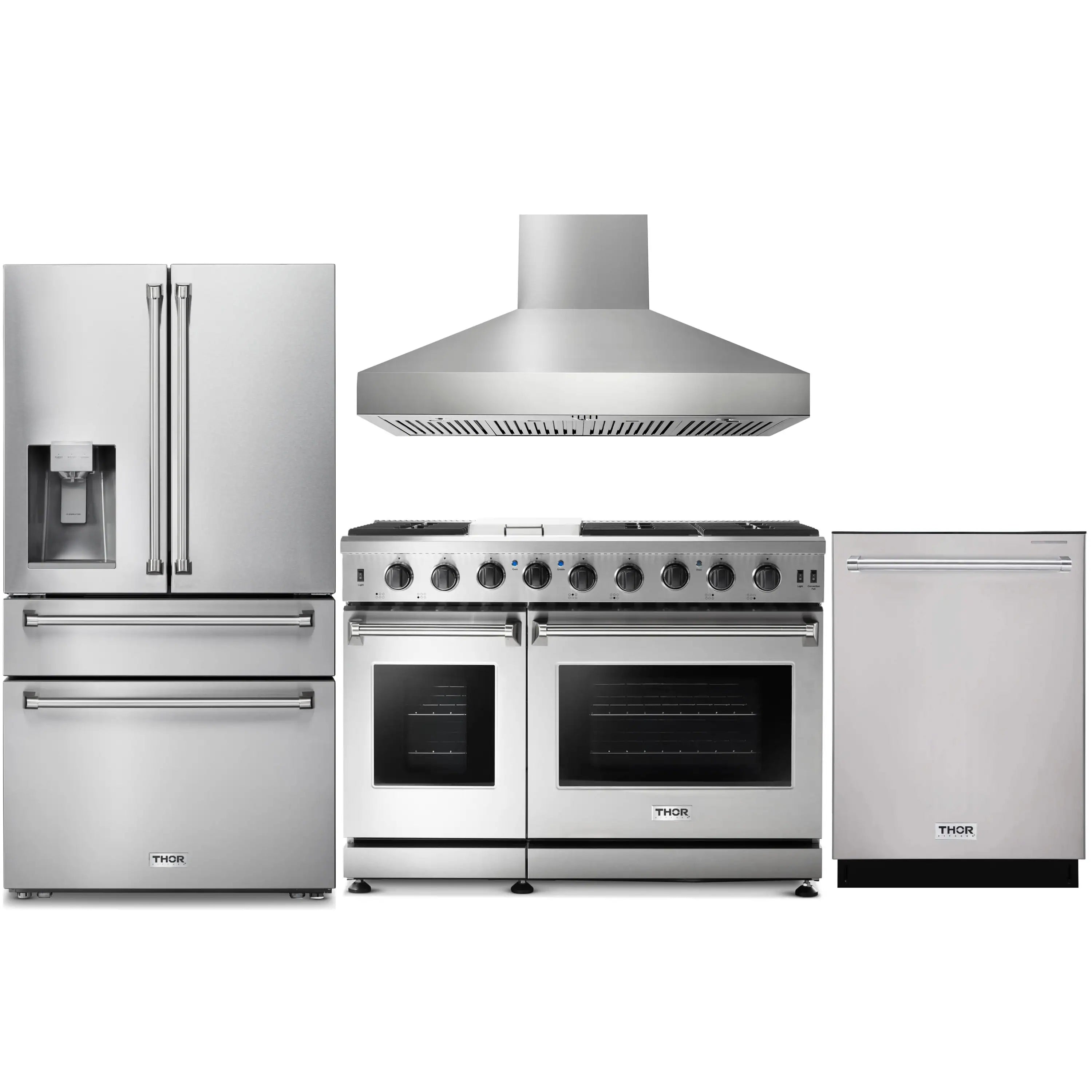 Stainless steel 4-piece kitchen appliance set: gas range, hood, fridge, dishwasher