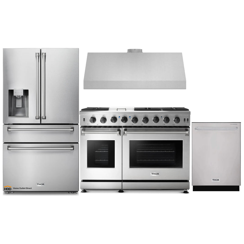Thor Kitchen 4-Piece Appliance Package - 48-Inch Gas Range, Under Cabinet 11-Inch Tall Hood, Refrigerator with Water Dispenser, & Dishwasher in Stainless Steel