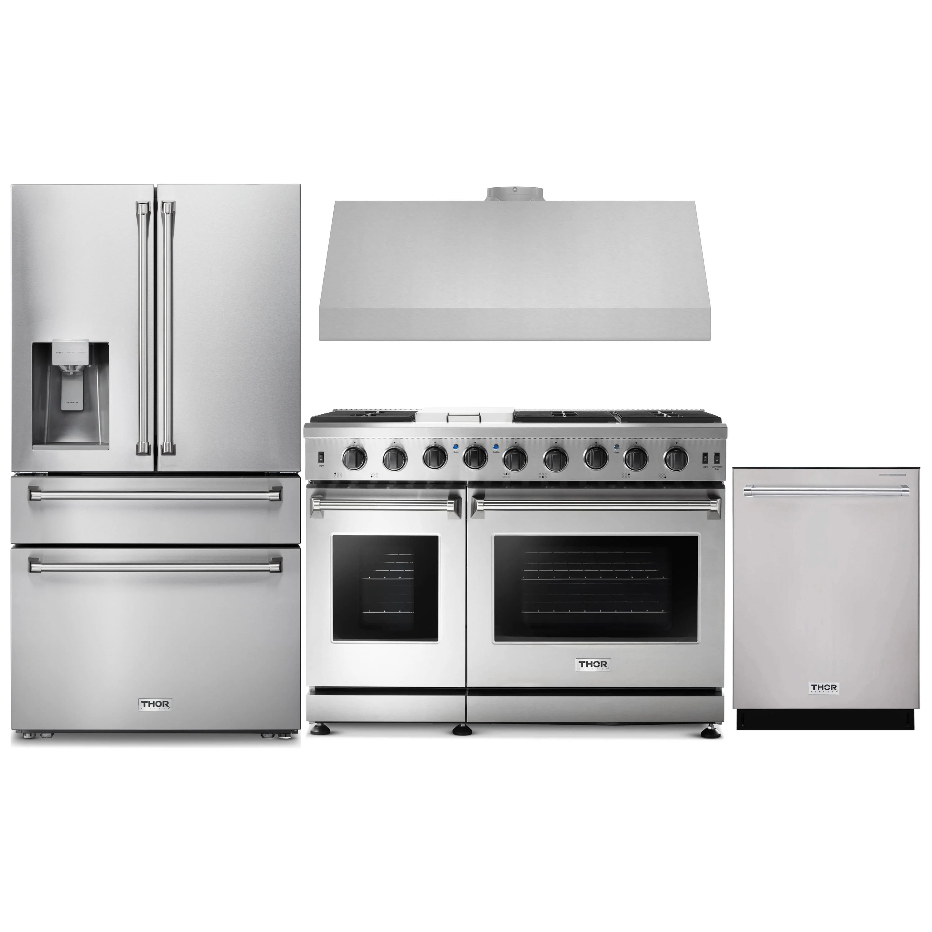 Stainless steel appliance package: refrigerator, gas range, range hood, and dishwasher