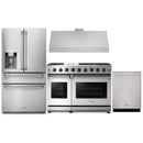 Thor Kitchen 4-Piece Appliance Package - 48-Inch Gas Range, Under Cabinet 11-Inch Tall Hood, Refrigerator with Water Dispenser, & Dishwasher in Stainless Steel