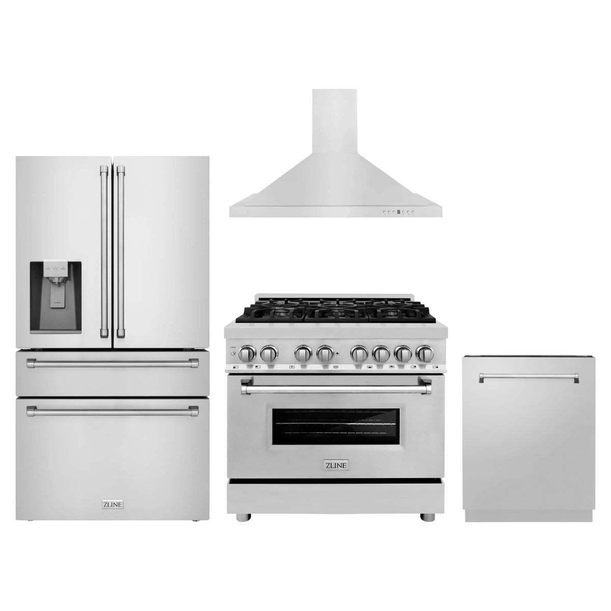 ZLINE 4-Piece Appliance Package - 36-Inch Dual Fuel Range, Refrigerator with Water Dispenser, Convertible Wall Mount Hood, and 3-Rack Dishwasher in Stainless Steel