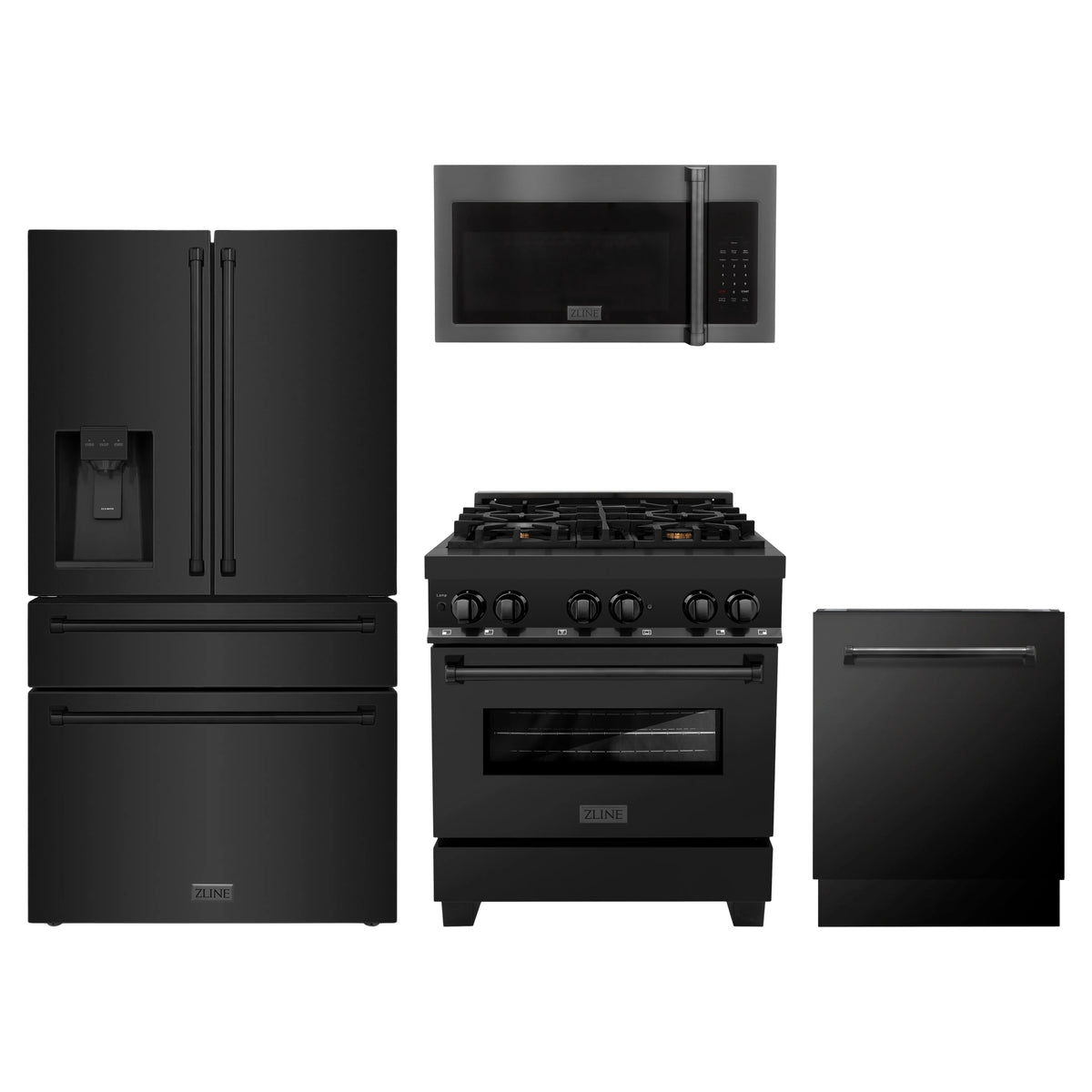 ZLINE 4-Piece Appliance Package - 30-Inch Legacy Dual Fuel Range with Brass Burners, Refrigerator with Water Dispenser, Tall Tub Dishwasher & Over-the-Range Microwave in Black Stainless Steel