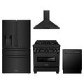 ZLINE 4-Piece Appliance Package - 30-Inch Dual Fuel Range with Brass Burners, Refrigerator with Water Dispenser, Convertible Wall Mount Hood, and 3-Rack Dishwasher in Black Stainless Steel