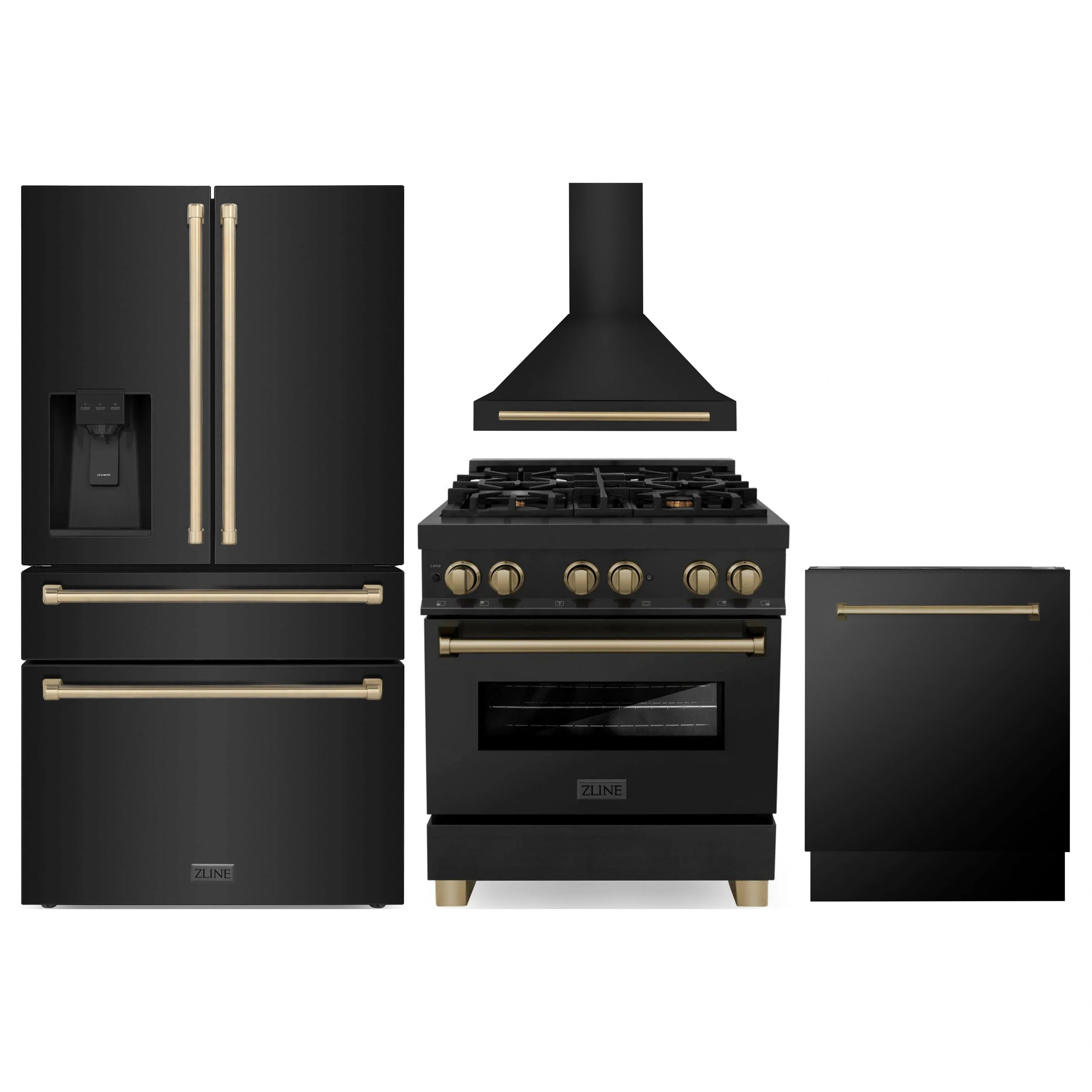 Black stainless steel kitchen appliance set with gold accents: range, hood, and fridge