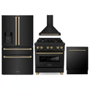 ZLINE 4-Piece Appliance Package - 30-Inch Legacy Dual Fuel Range, Wall Mount Range Hood, 36-Inch French Door Refrigerator with Water Dispenser, Dishwasher, in Black Stainless Steel with Champagne Bronze Accents