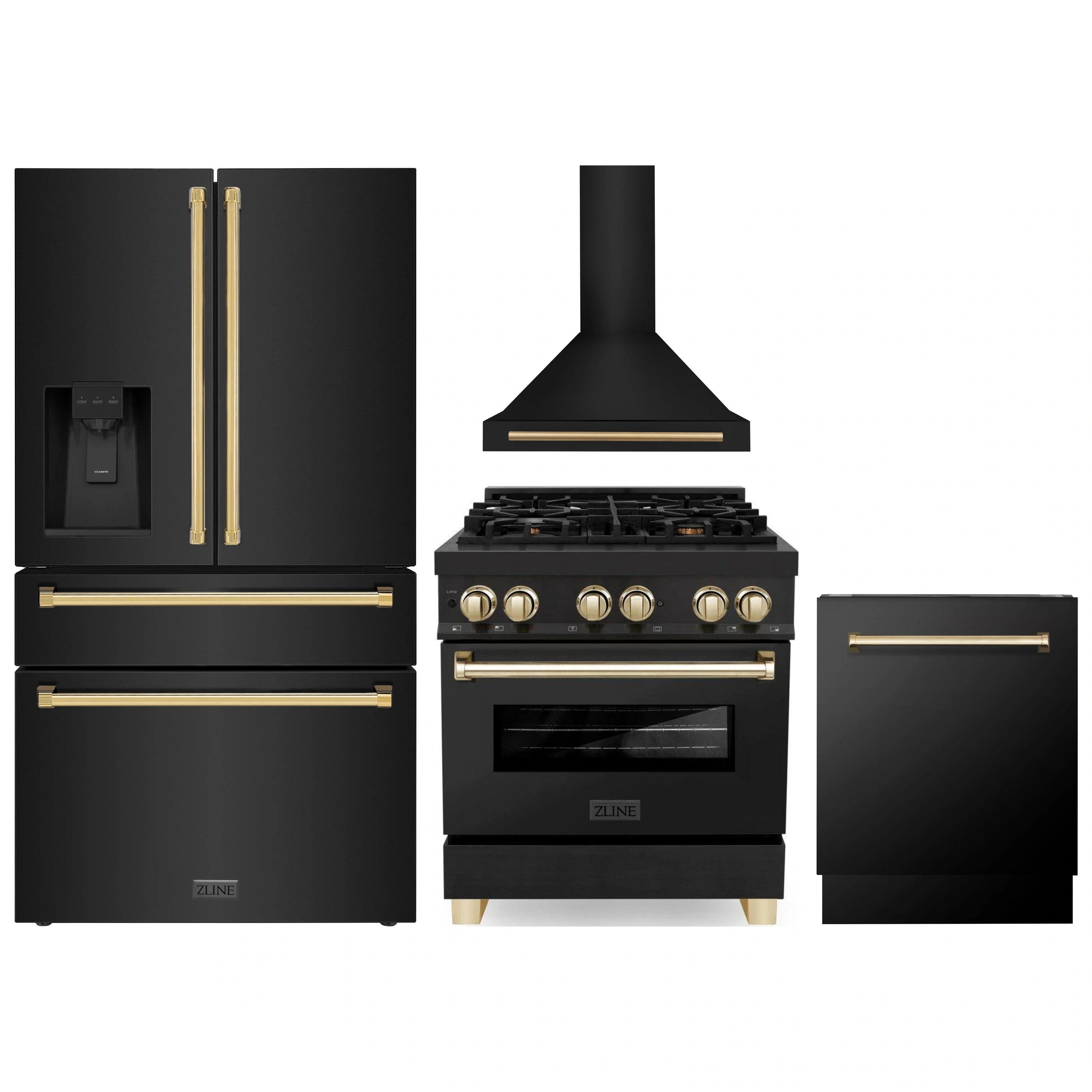 Black stainless appliance set with gold accents: refrigerator, range, hood, dishwasher