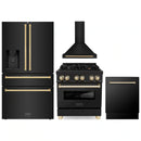 ZLINE 4-Piece Appliance Package - 30-Inch Legacy Dual Fuel Range, Wall Mount Range Hood, 36-Inch French Door Refrigerator with Water Dispenser, Dishwasher, in Black Stainless Steel with Gold Accents