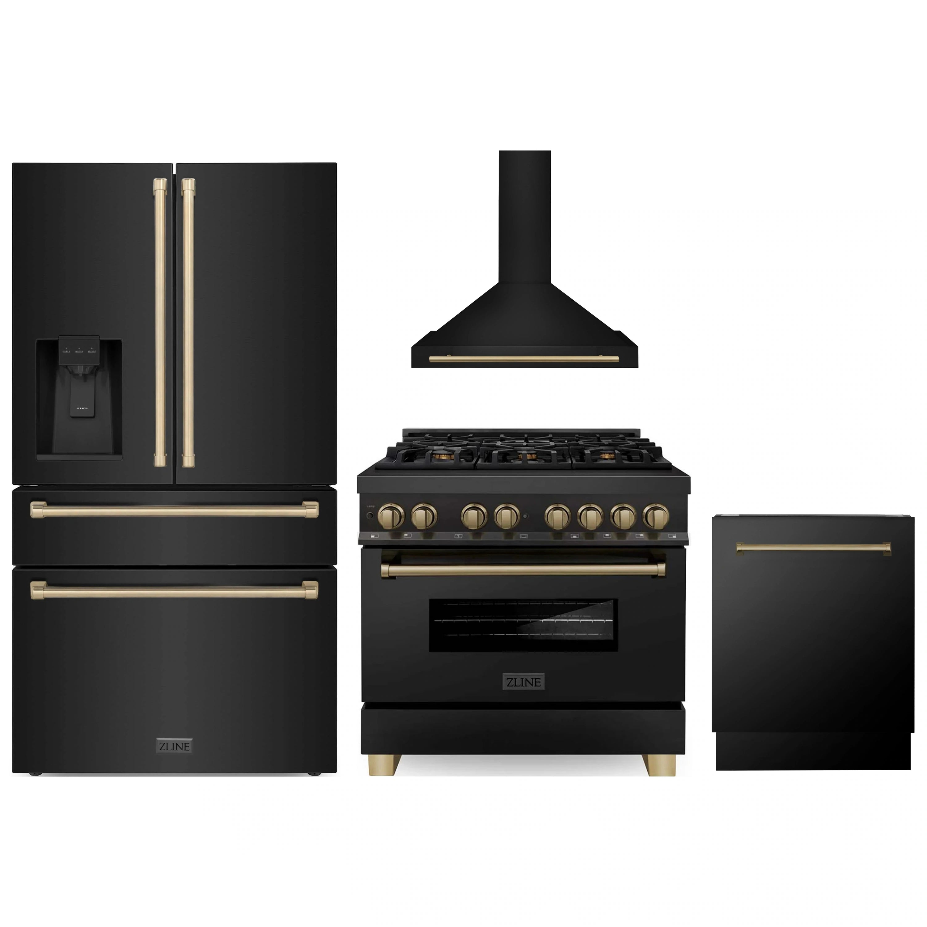 Black stainless appliance set featuring refrigerator, range, hood, and dishwasher