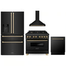 ZLINE 4-Piece Appliance Package - 36-Inch Legacy Dual Fuel Range, Wall Mount Range Hood, 36-Inch French Door Refrigerator with Water Dispenser, Dishwasher, in Black Stainless Steel with Champagne Bronze Accents