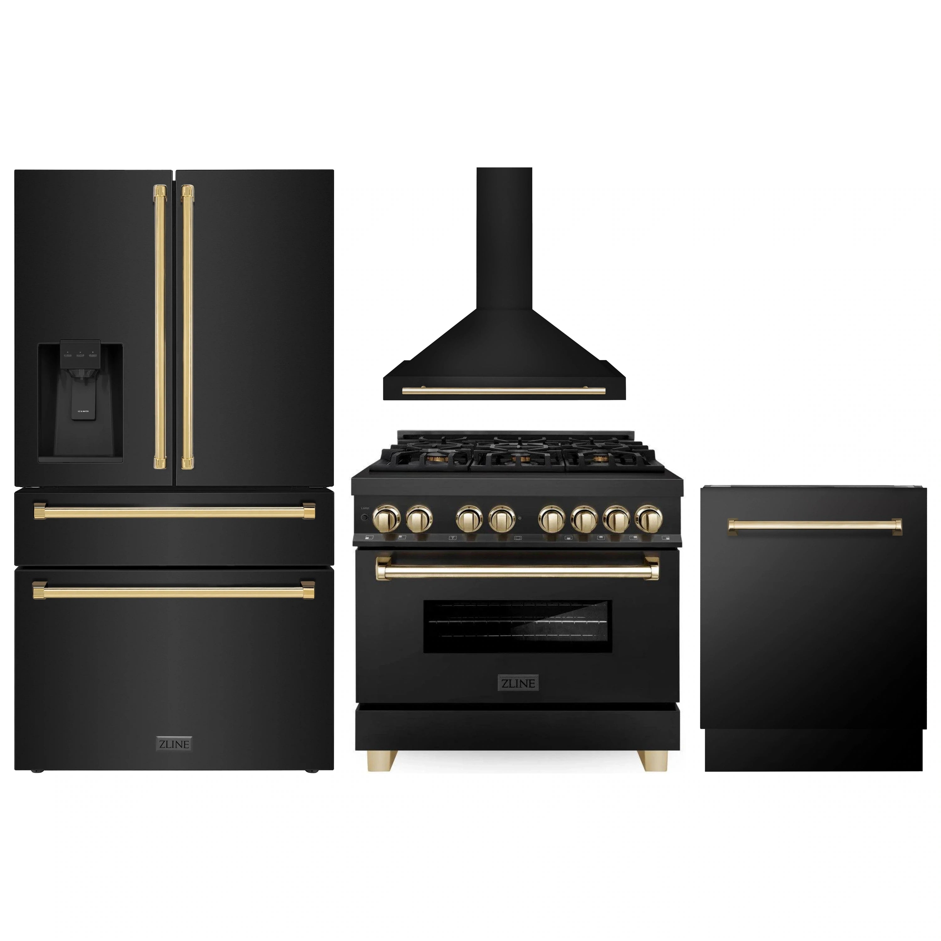 Black stainless kitchen appliance set with gold accents: range, hood, refrigerator