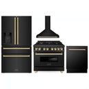 ZLINE 4-Piece Appliance Package - 36-Inch Legacy Dual Fuel Range, Wall Mount Range Hood, 36-Inch French Door Refrigerator with Water Dispenser, Dishwasher, in Black Stainless Steel with Gold Accents