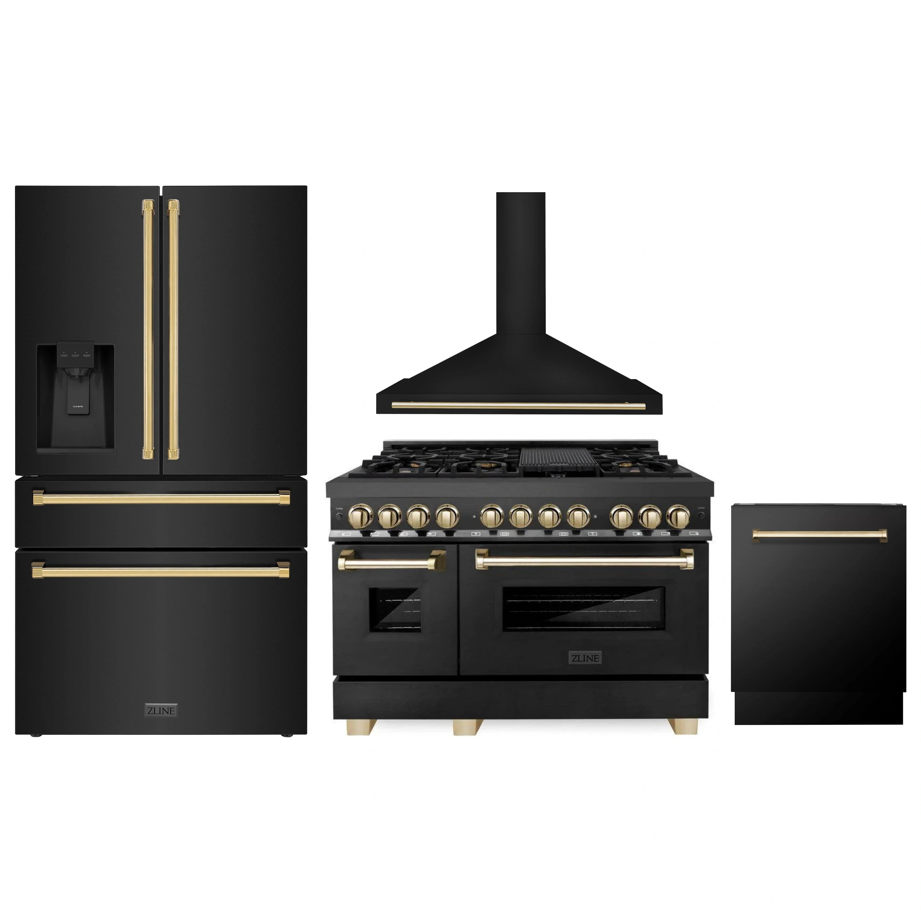 Black appliance suite with gold accents: refrigerator, range, hood, and dishwasher