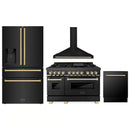 ZLINE 4-Piece Appliance Package - 48-Inch Legacy Dual Fuel Range, Wall Mount Range Hood, 36-Inch French Door Refrigerator with Water Dispenser, Dishwasher, in Black Stainless Steel with Gold Accents