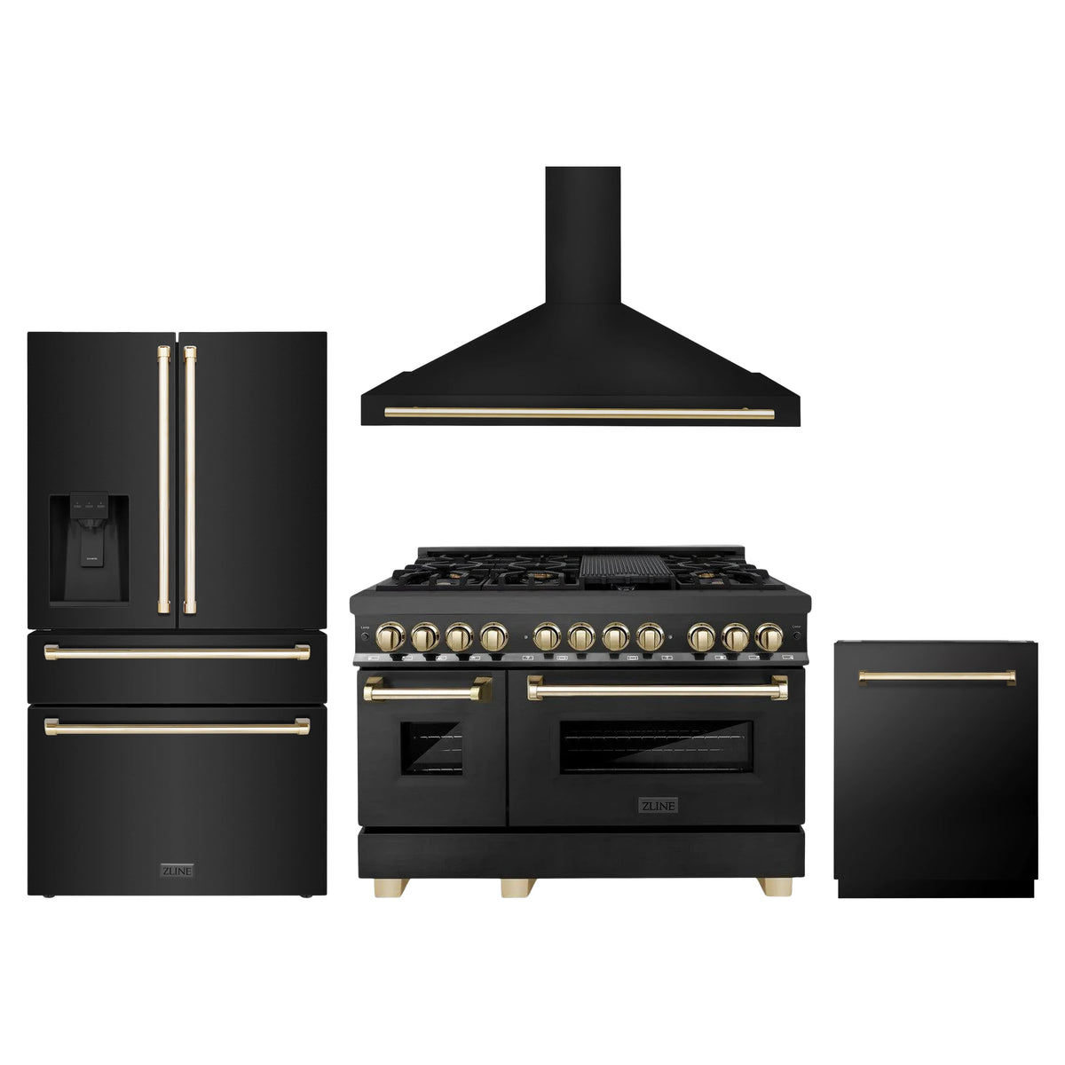 ZLINE 4-Piece Appliance Package - 48-Inch Legacy Dual Fuel Range, Wall Mount Range Hood, 36-Inch French Door Refrigerator with Water Dispenser, Dishwasher, in Black Stainless Steel with Gold Accents