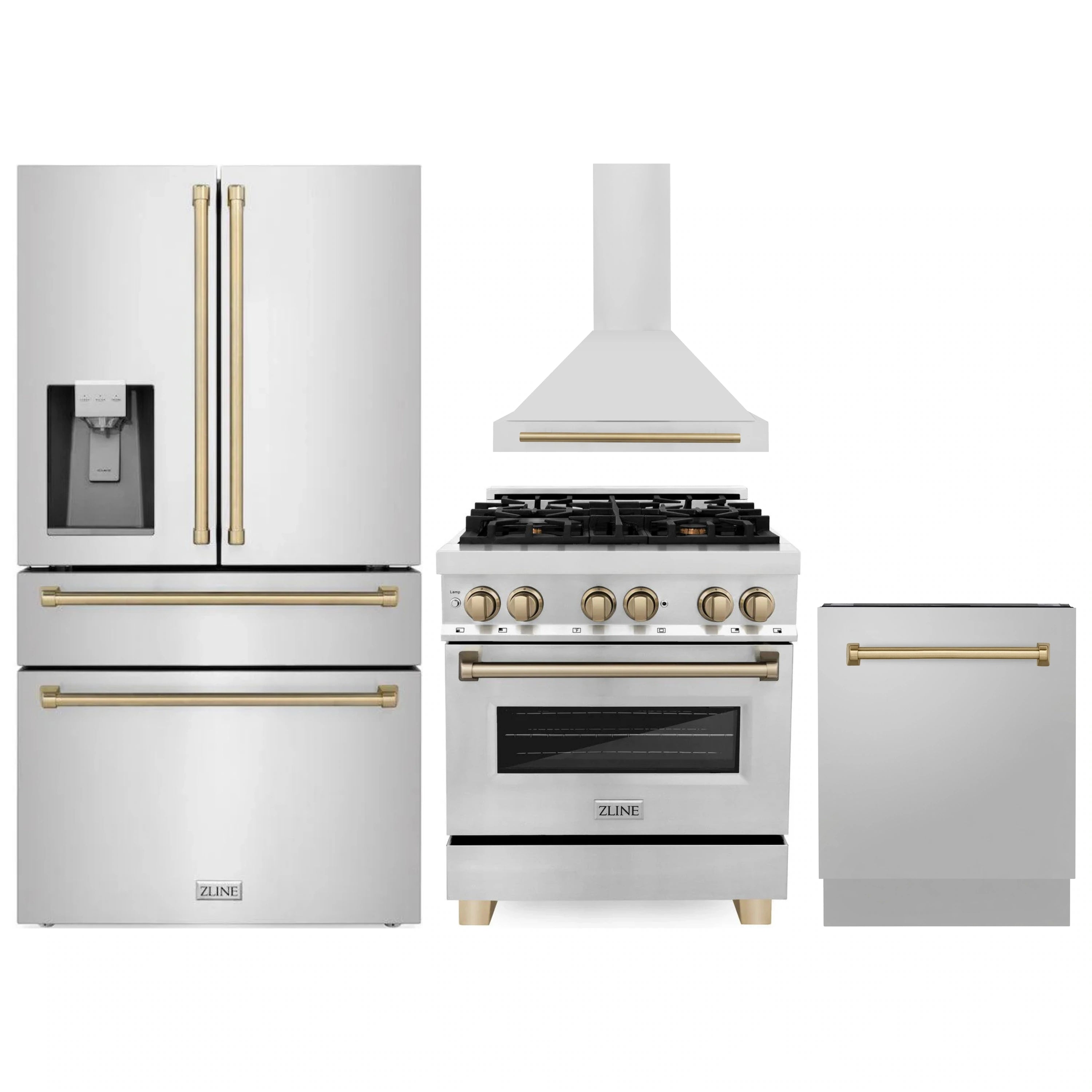 Stainless steel ZLINE dual fuel range with champagne bronze handles, knobs, and matching hood