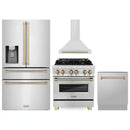 ZLINE 4-Piece Appliance Package - 30-Inch Legacy Autograph Dual Fuel Range, Wall Mount Range Hood, 36-Inch French Door Refrigerator with Water Dispenser, Dishwasher, in Stainless Steel with Champagne Bronze Accents