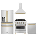 ZLINE 4-Piece Appliance Package - 30-Inch Legacy Autograph Dual Fuel Range, Wall Mount Range Hood, 36-Inch French Door Refrigerator with Water Dispenser, Dishwasher, in Stainless Steel with Champagne Bronze Accents