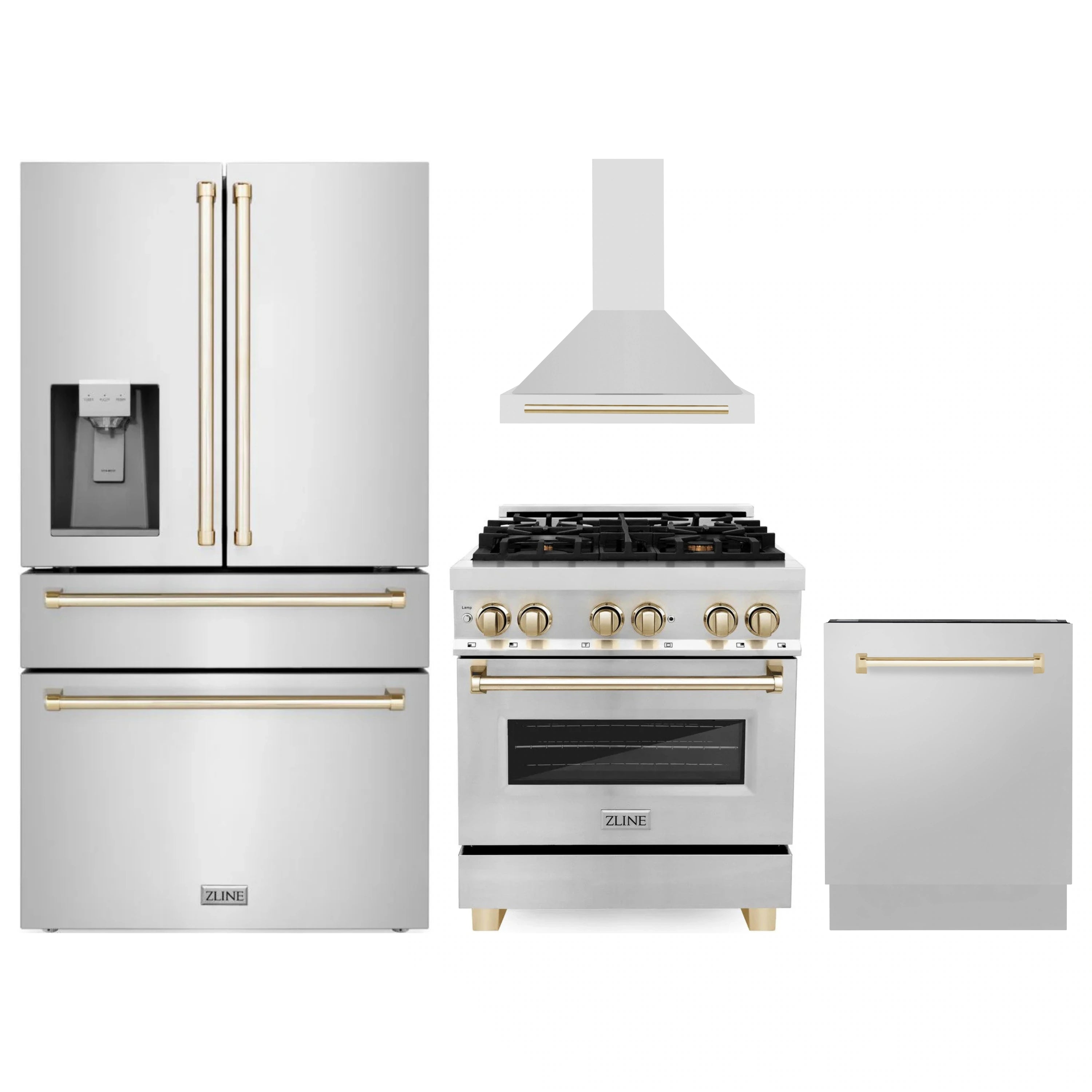 Stainless steel kitchen appliance set with refrigerator, dual-fuel range, and wall hood