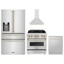 ZLINE 4-Piece Appliance Package - 30-Inch Legacy Autograph Dual Fuel Range, Wall Mount Range Hood, 36-Inch French Door Refrigerator with Water Dispenser, Dishwasher, in Stainless Steel with Gold Accents