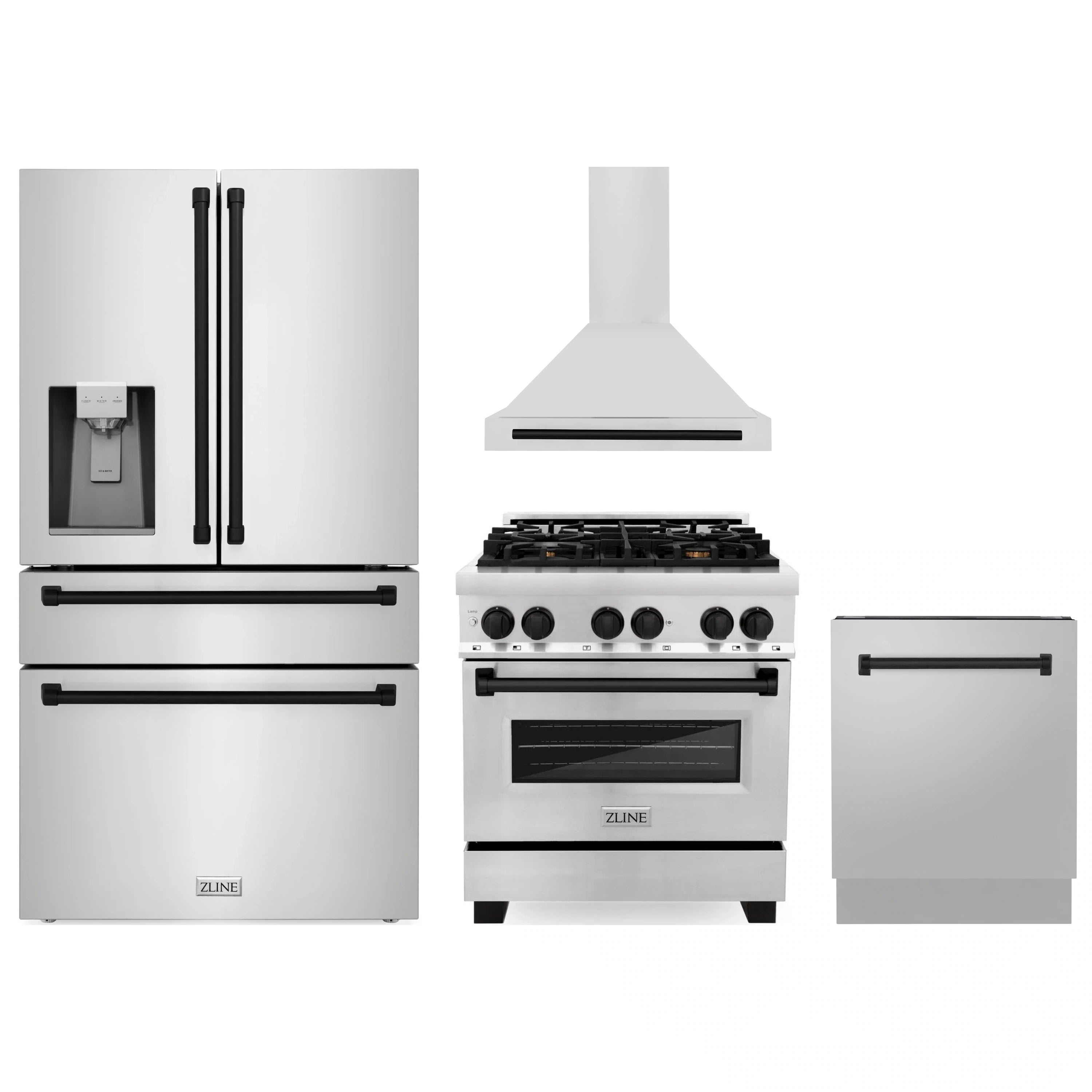 Kitchen appliance set in stainless steel with black accents: range, hood, and dishwasher