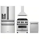 ZLINE 4-Piece Appliance Package - 30-Inch Legacy Autograph Dual Fuel Range, Wall Mount Range Hood, 36-Inch French Door Refrigerator with Water Dispenser, Dishwasher, in Stainless Steel with Matte Black Accents
