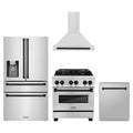 ZLINE 4-Piece Appliance Package - 30-Inch Legacy Autograph Dual Fuel Range, Wall Mount Range Hood, 36-Inch French Door Refrigerator with Water Dispenser, Dishwasher, in Stainless Steel with Matte Black Accents