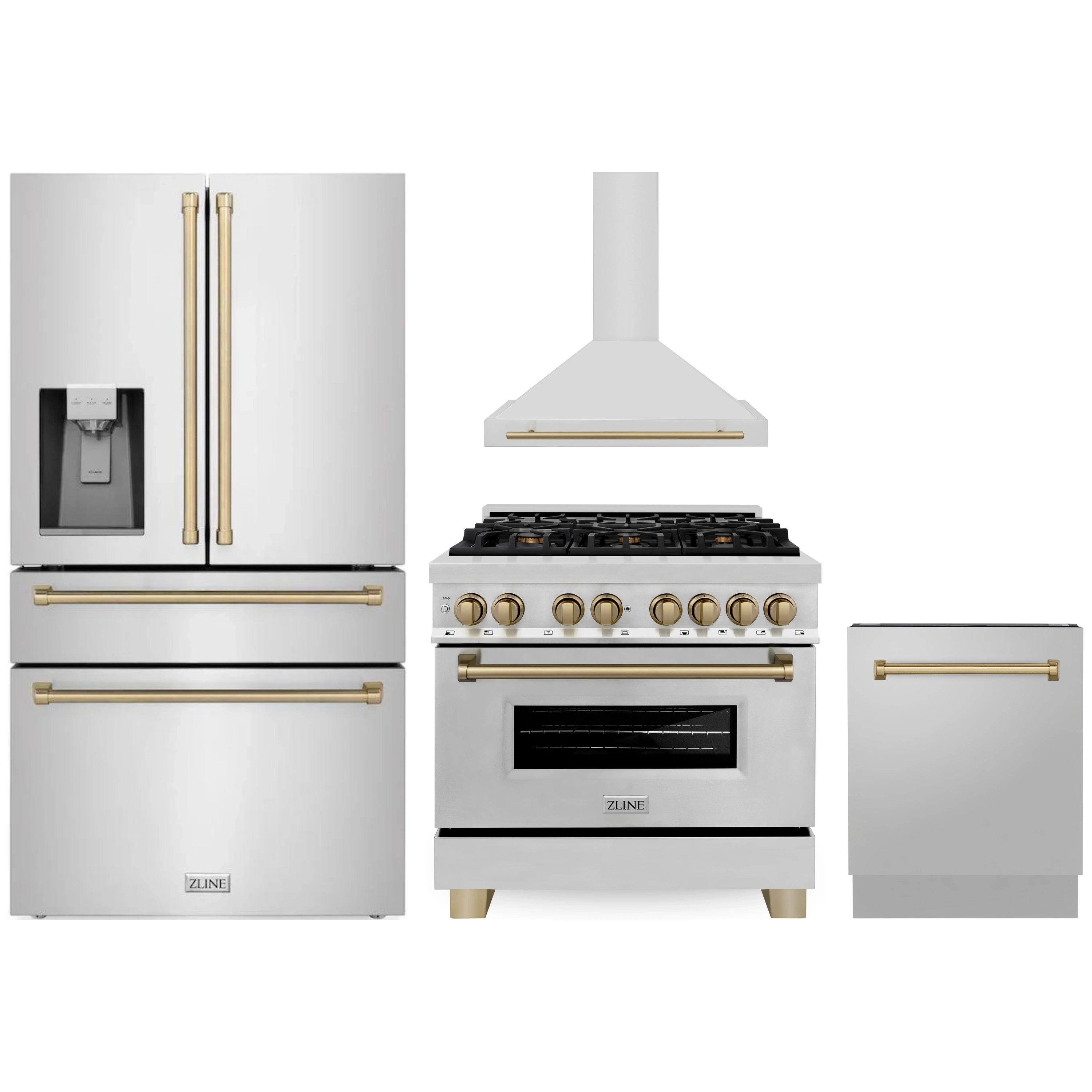 Stainless kitchen appliance package with range, hood, dishwasher, and refrigerator in view