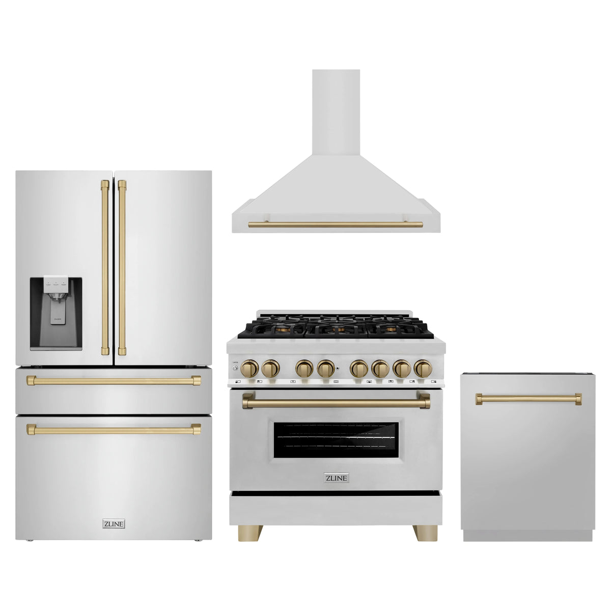 ZLINE 4-Piece Appliance Package - 36-Inch Legacy Autograph Dual Fuel Range, Wall Mount Range Hood, 36-Inch French Door Refrigerator with Water Dispenser, Dishwasher, in Stainless Steel with Champagne Bronze Accents
