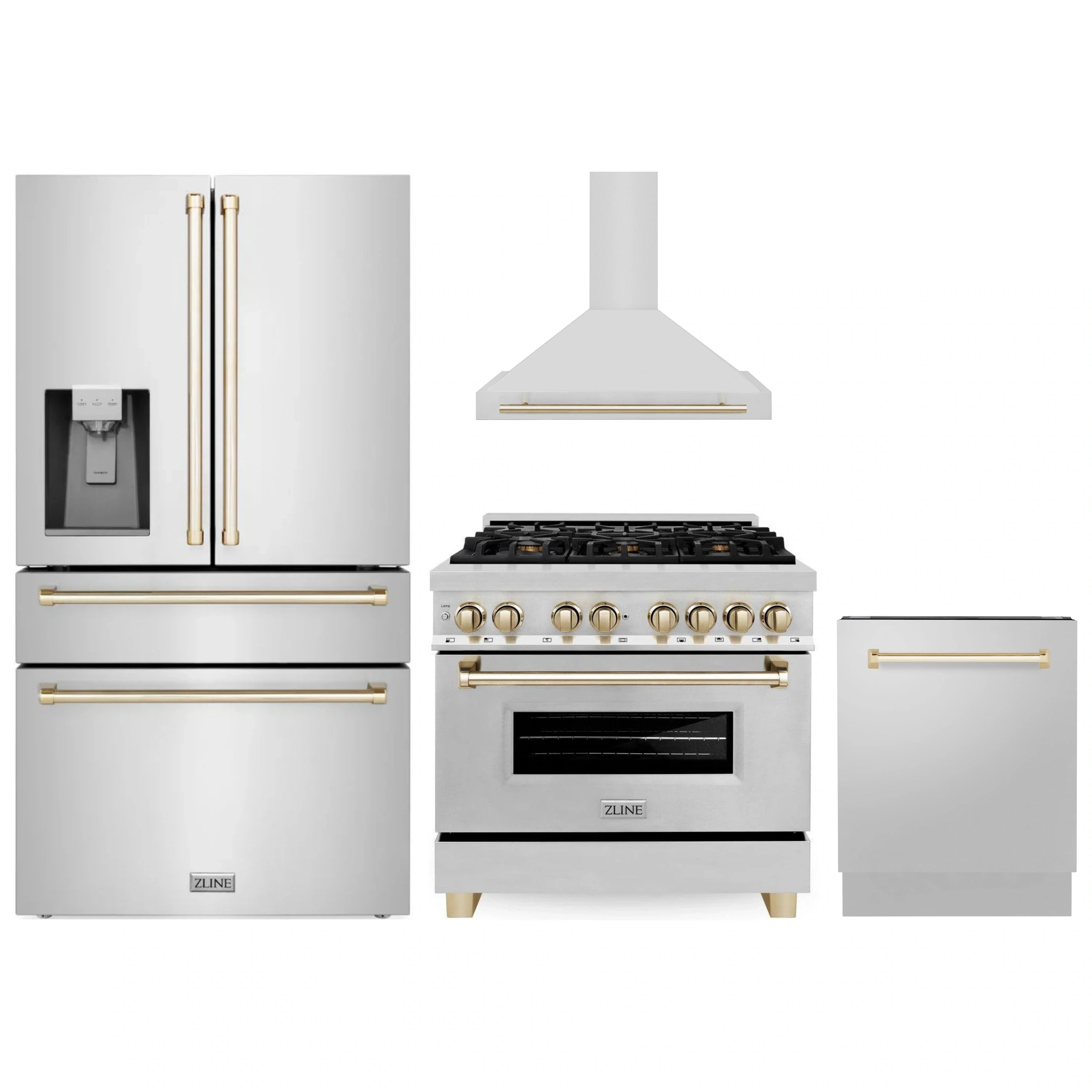 Stainless steel appliance set with gold accents: refrigerator, range, hood, and dishwasher
