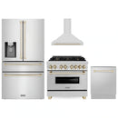 ZLINE 4-Piece Appliance Package - 36-Inch Legacy Autograph Dual Fuel Range, Wall Mount Range Hood, 36-Inch French Door Refrigerator with Water Dispenser, Dishwasher, in Stainless Steel with Gold Accents