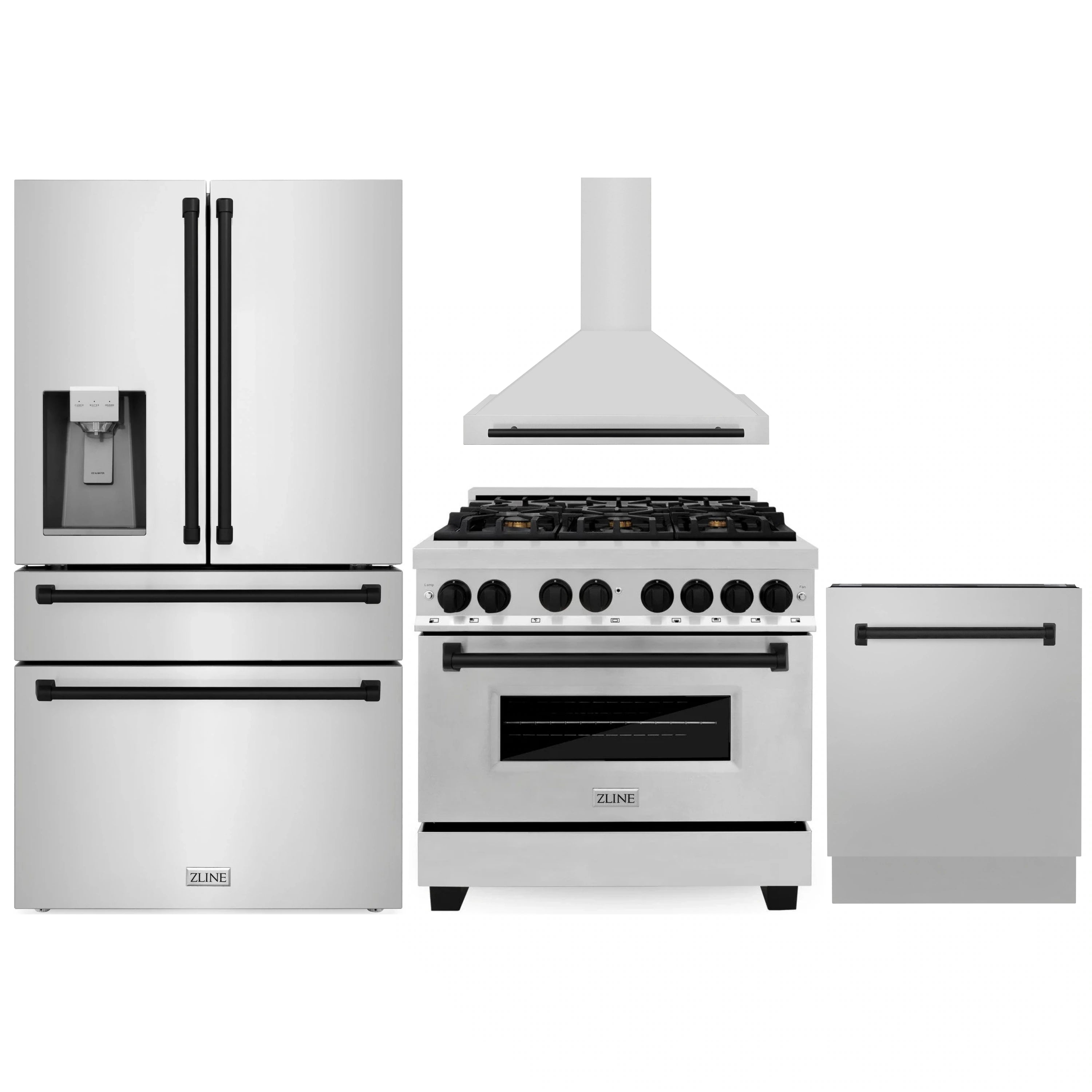Stainless steel kitchen appliance package with matte black accents