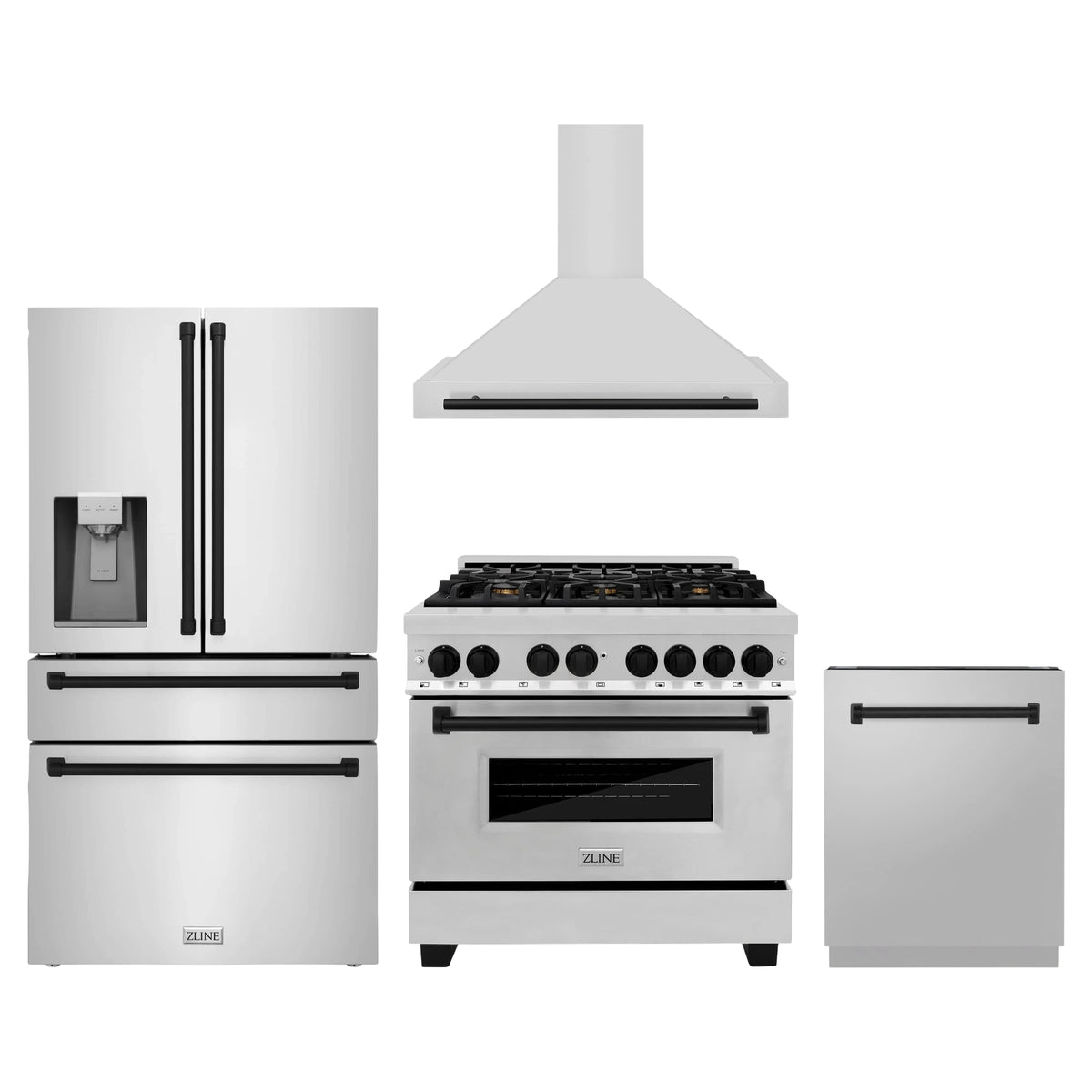 ZLINE 4-Piece Appliance Package - 36-Inch Legacy Autograph Dual Fuel Range, Wall Mount Range Hood, 36-Inch French Door Refrigerator with Water Dispenser, Dishwasher, in Stainless Steel with Matte Black Accents