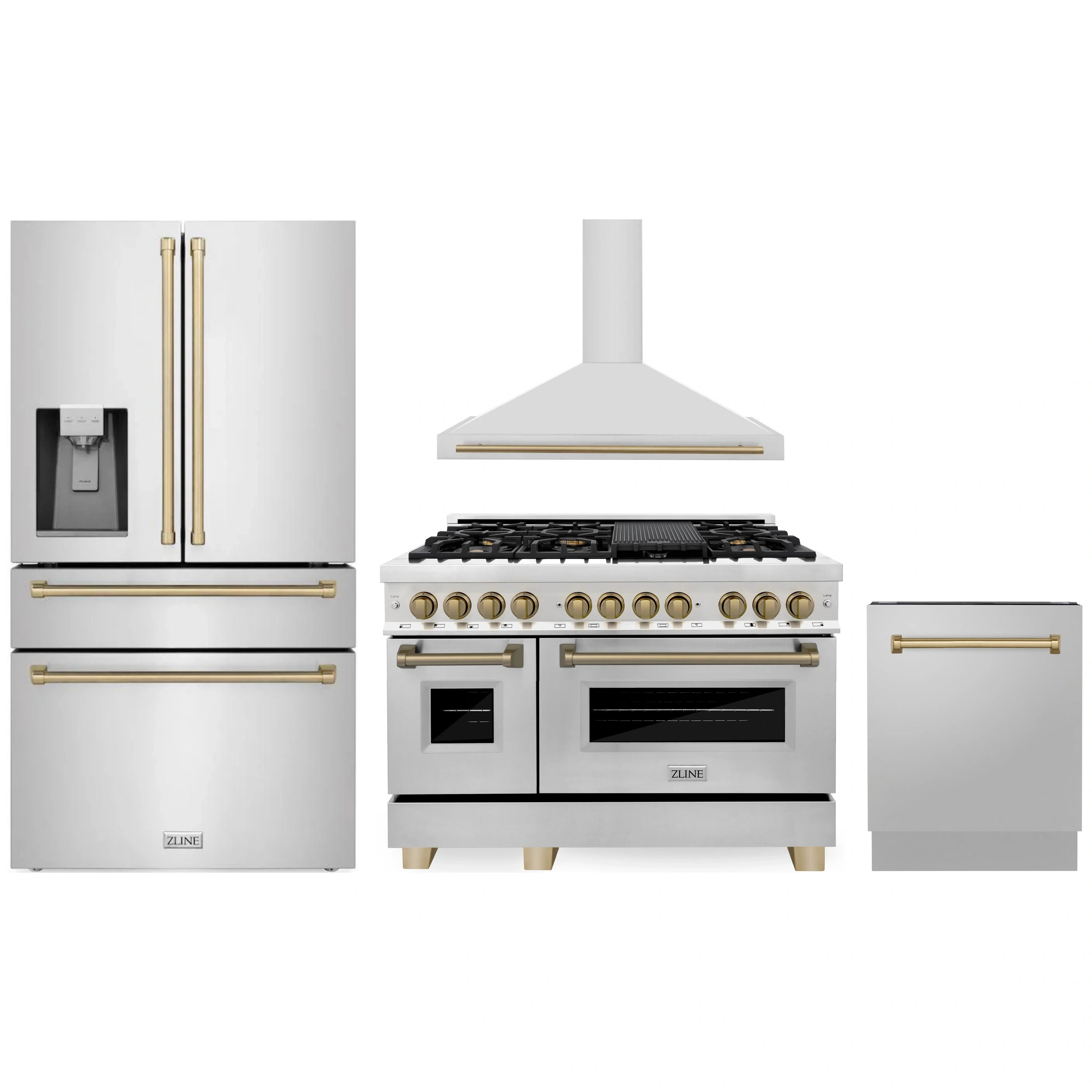 Stainless steel appliance package featuring range, hood, refrigerator, and dishwasher