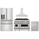 ZLINE 4-Piece Appliance Package - 48-Inch Legacy Autograph Dual Fuel Range, Wall Mount Range Hood, 36-Inch French Door Refrigerator with Water Dispenser, Dishwasher, in Stainless Steel with Champagne Bronze Accents