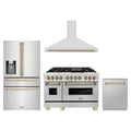 ZLINE 4-Piece Appliance Package - 48-Inch Legacy Autograph Dual Fuel Range, Wall Mount Range Hood, 36-Inch French Door Refrigerator with Water Dispenser, Dishwasher, in Stainless Steel with Champagne Bronze Accents