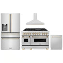 ZLINE 4-Piece Appliance Package - 48-Inch Legacy Autograph Dual Fuel Range, Wall Mount Range Hood, 36-Inch French Door Refrigerator with Water Dispenser, Dishwasher, in Stainless Steel with Gold Accents