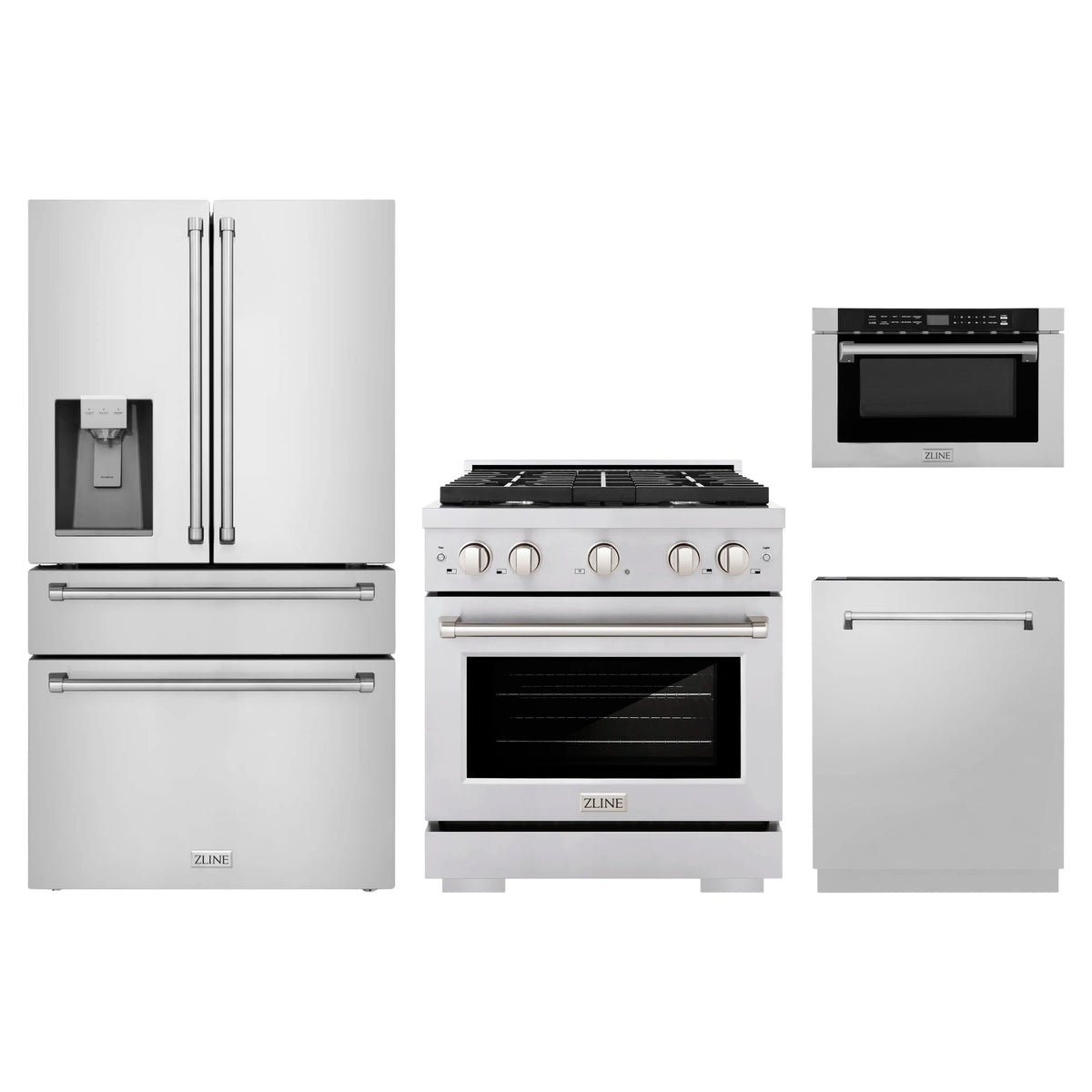 ZLINE 4-Piece Appliance Package - 30-Inch Paramount Dual Fuel Range, Refrigerator with Water Dispenser, Dishwasher, and 24-Inch Microwave Drawer in Stainless Steel