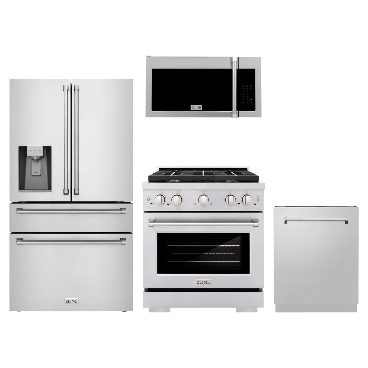 ZLINE 4-Piece Appliance Package - 30-Inch Paramount Dual Fuel Range, Refrigerator with Water Dispenser, Tall Tub Dishwasher & Over-the-Range Microwave in Stainless Steel