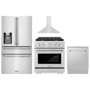 ZLINE 4-Piece Appliance Package - 30-Inch Paramount Dual Fuel Range, Wall Mount Range Hood, 36-Inch French Door Refrigerator with Water Dispenser, Dishwasher, in Stainless Steel