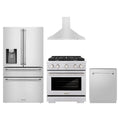 ZLINE 4-Piece Appliance Package - 30-Inch Paramount Dual Fuel Range, Wall Mount Range Hood, 36-Inch French Door Refrigerator with Water Dispenser, Dishwasher, in Stainless Steel
