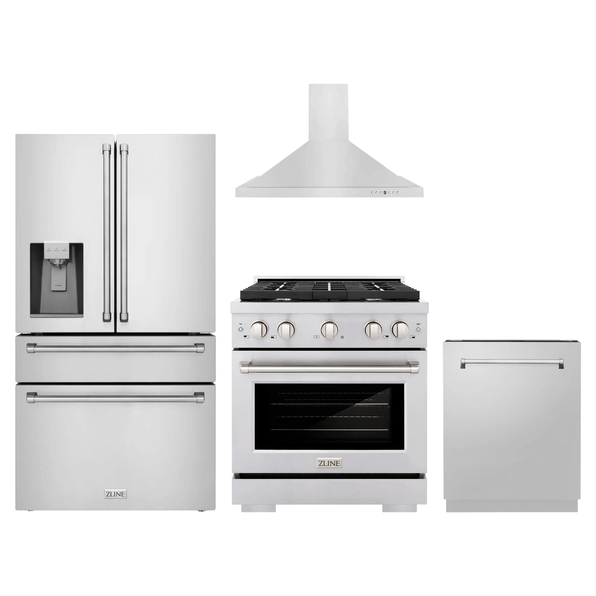 ZLINE 4-Piece Appliance Package - 30-Inch Paramount Dual Fuel Range, Wall Mount Range Hood, 36-Inch French Door Refrigerator with Water Dispenser, Dishwasher, in Stainless Steel