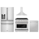ZLINE 4-Piece Appliance Package - 36-Inch Paramount Dual Fuel Range, Wall Mount Range Hood, 36-Inch French Door Refrigerator with Water Dispenser, Dishwasher, in Stainless Steel