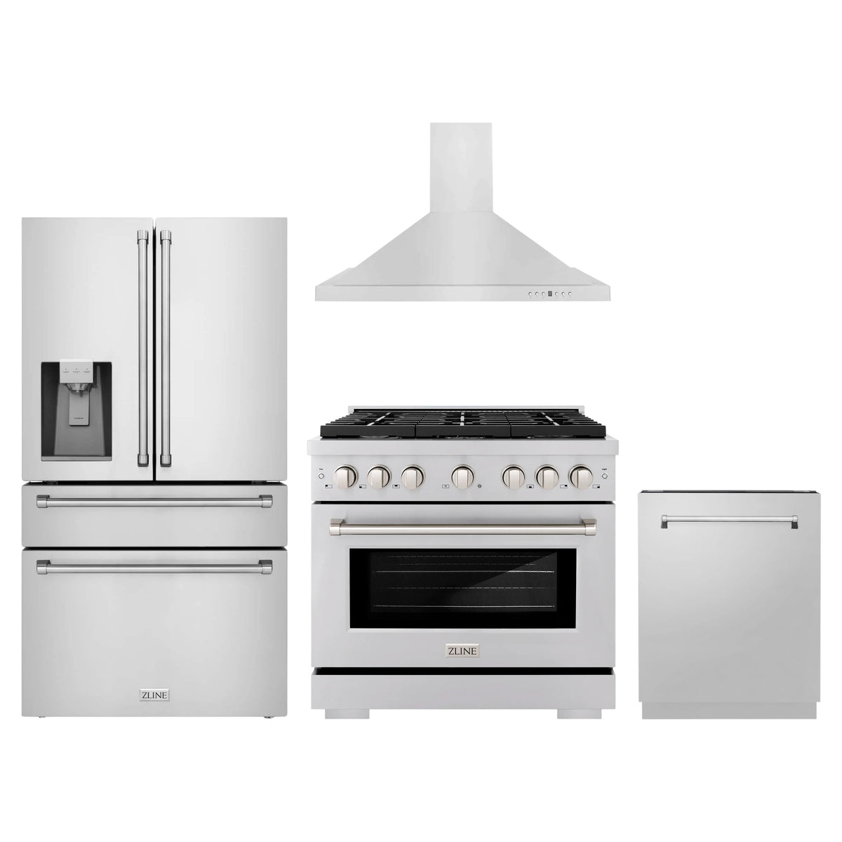 ZLINE 4-Piece Appliance Package - 36-Inch Paramount Dual Fuel Range, Wall Mount Range Hood, 36-Inch French Door Refrigerator with Water Dispenser, Dishwasher, in Stainless Steel