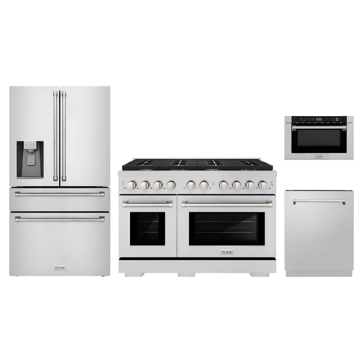 ZLINE 4-Piece Appliance Package - 48-Inch Paramount Dual Fuel Range, Refrigerator with Water Dispenser, Dishwasher, and 24-Inch Microwave Drawer in Stainless Steel