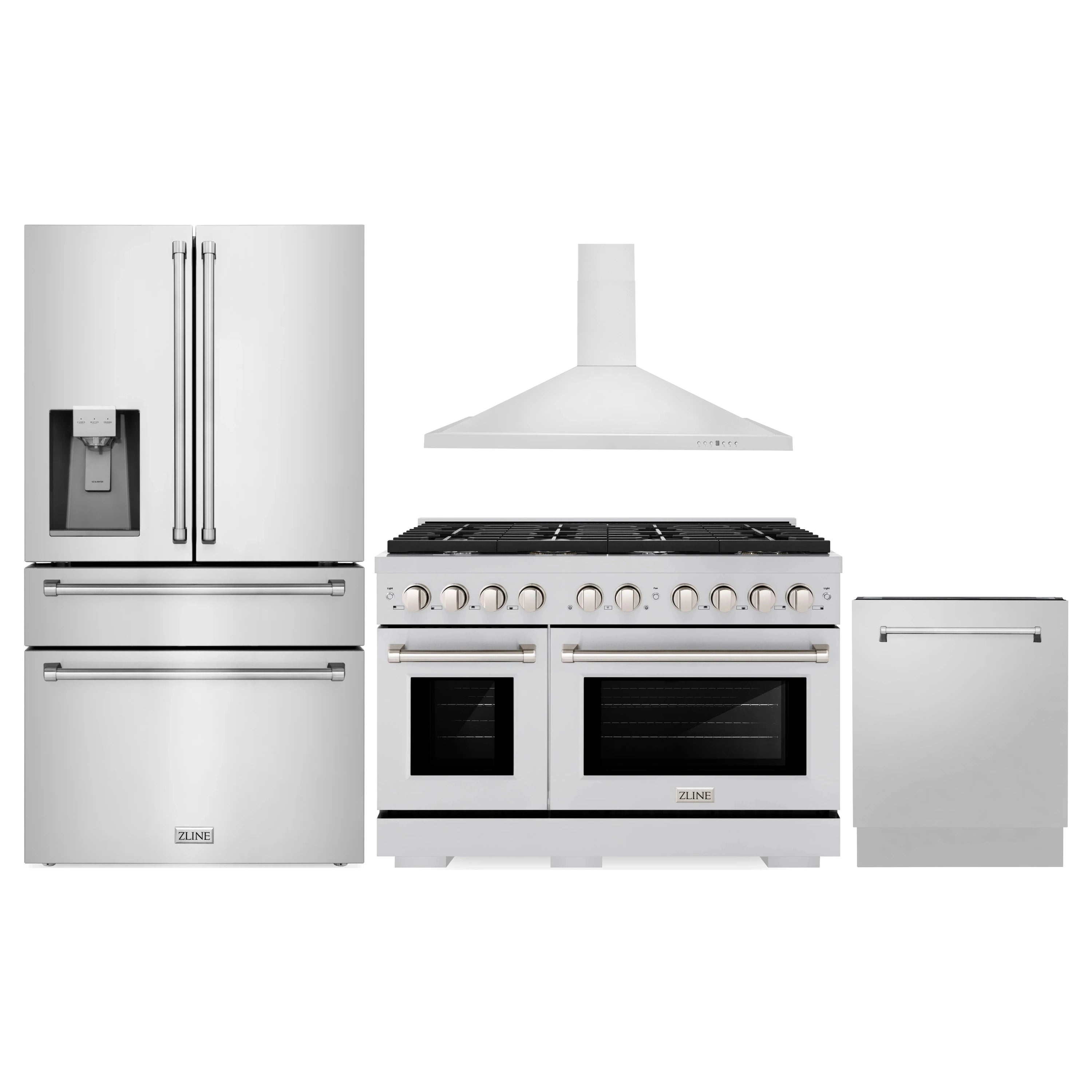 Stainless steel appliance package with refrigerator, dual-fuel range, and dishwasher