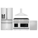 ZLINE 4-Piece Appliance Package - 48-Inch Paramount Dual Fuel Range, Wall Mount Range Hood, 36-Inch French Door Refrigerator with Water Dispenser, Dishwasher, in Stainless Steel