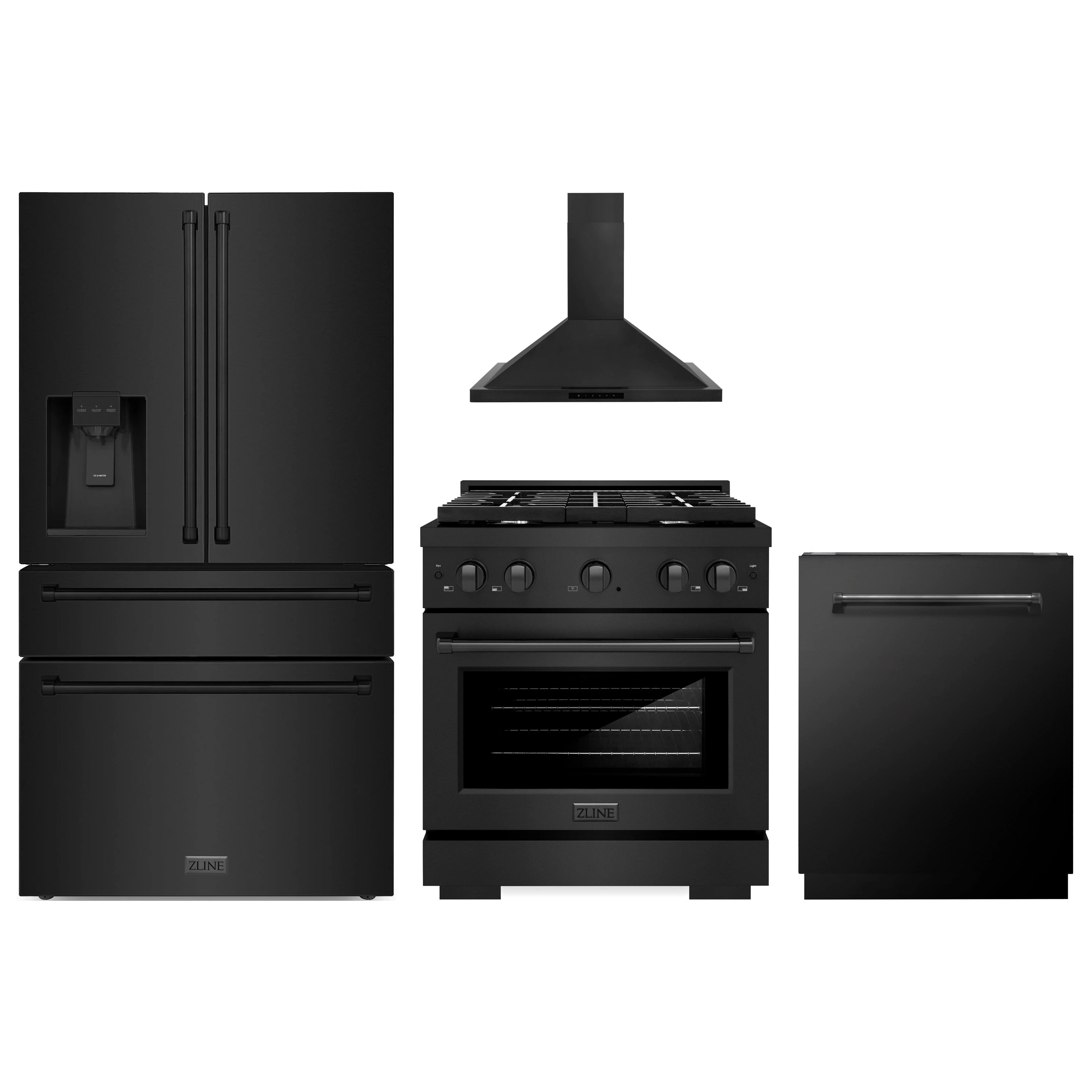 Black stainless appliance set: refrigerator, range, and dishwasher in a three-unit view